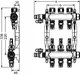 Edelstahlverteiler von TECE mit mehreren Anschlüssen, Durchflussanzeige und kompaktem Design. Abgebildet im technischen Zeichnungsformat mit Maßangaben.
